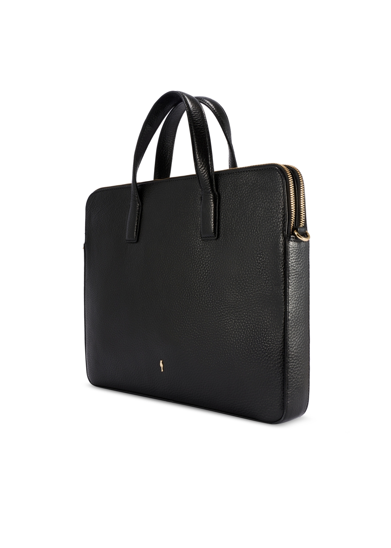 Чорна шкіряна сумка для ноутбука TORES-1070A-99(W26), діагональний вигляд виробу на білому тлі.