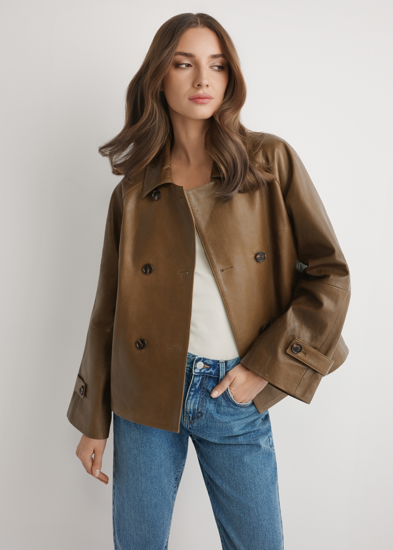 Жіноча шкіряна куртка кольору хакі KURDS-0604-8D(W26), вигляд виробу спереду на моделі. Видно половину силуету.