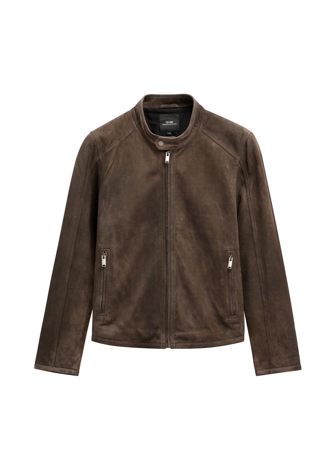 Коричнева чоловіча замшева куртка KURMS-0396-1I(W26), вигляд виробу спереду на білому тлі.