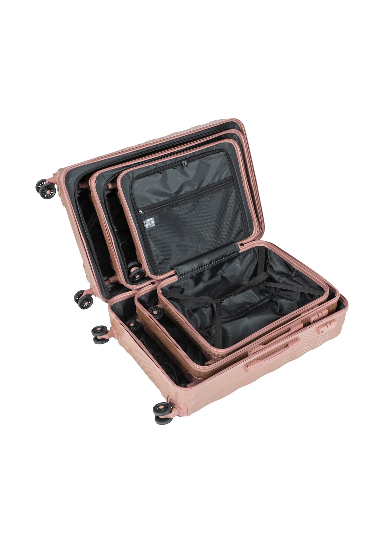 Комплект валіз на колесах 19'/24'/28' WALPC-0015-5B(W26), вигляд товарів усередині на білому тлі.