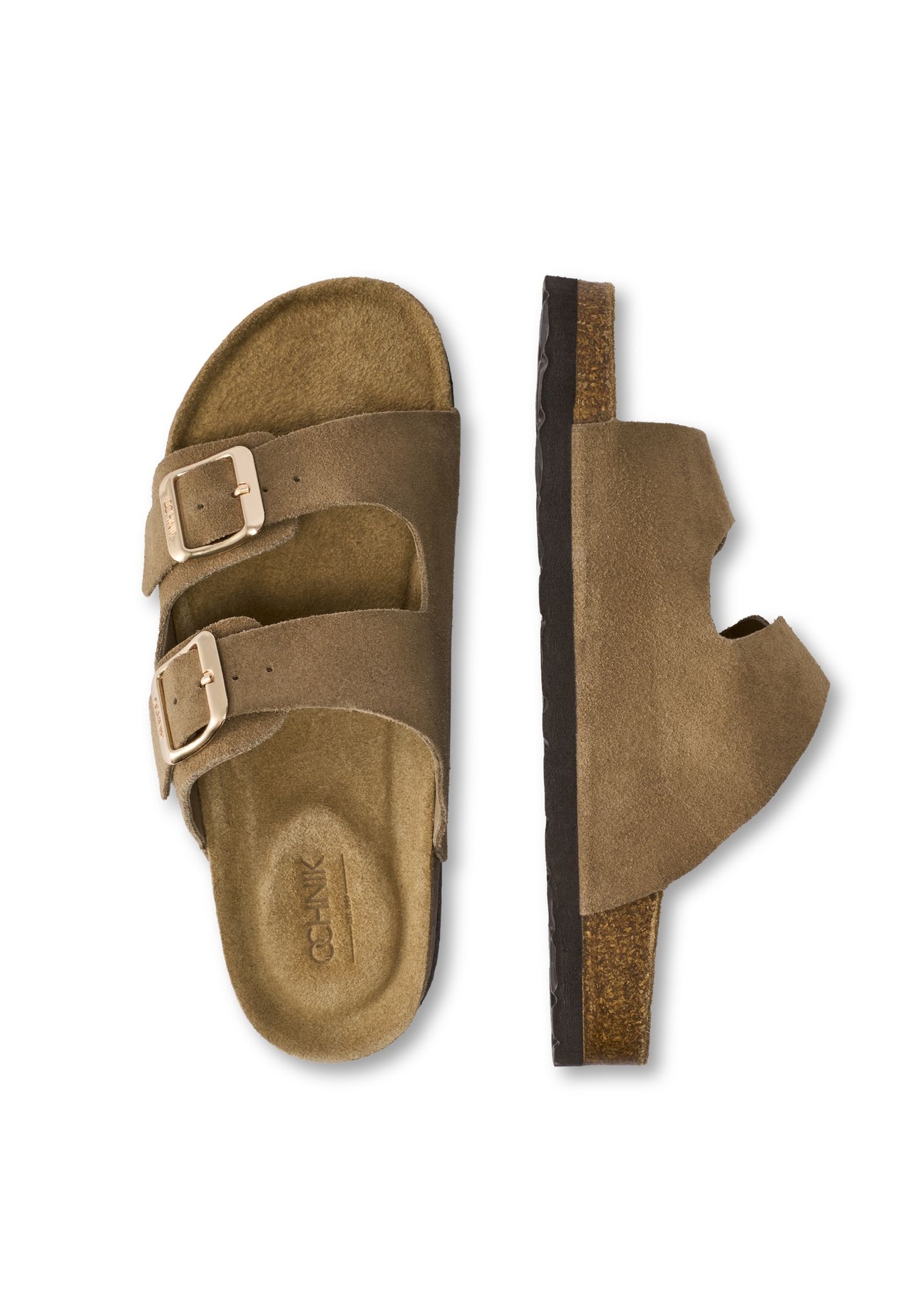 Жіночі шкіряні шльопанці холодного бежевого кольору BUTYD-1158-1K(W26), вигляд виробу зверху на білому фоні.