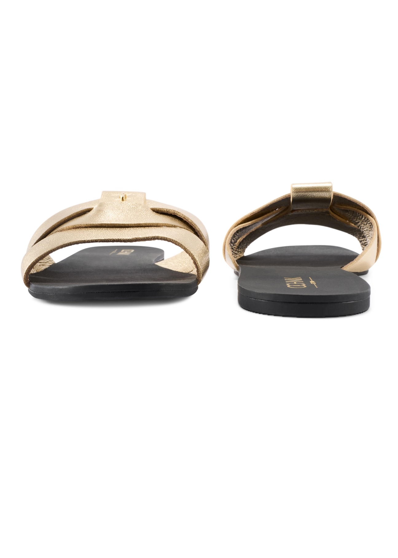 Жіночі золотисті плетені шльопанці BUTYD-0903C-2X(W26), вигляд виробу спереду та ззаду на білому тлі.