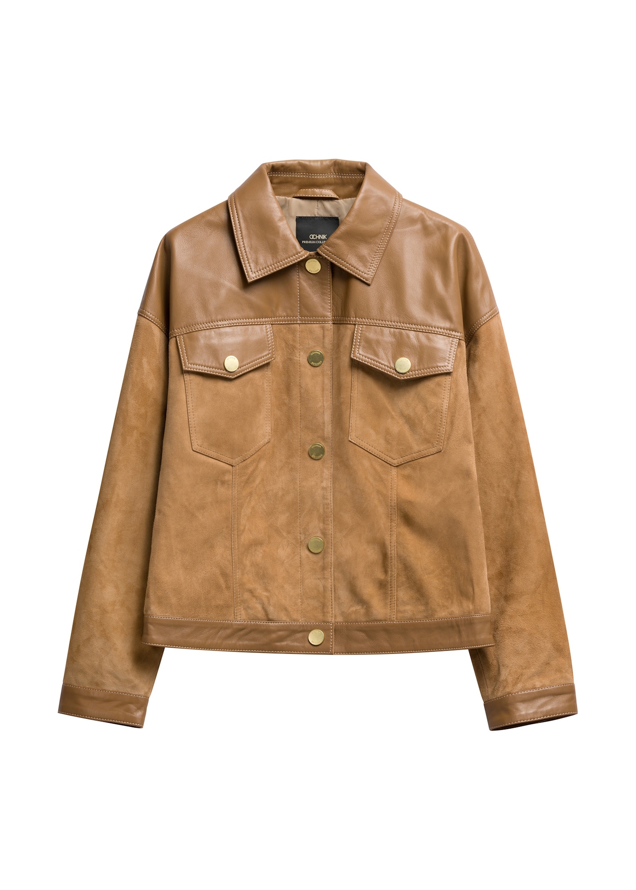 Бежева жіноча шкіряна куртка KURDS-0572-1B(W26), вигляд виробу спереду на білому тлі.