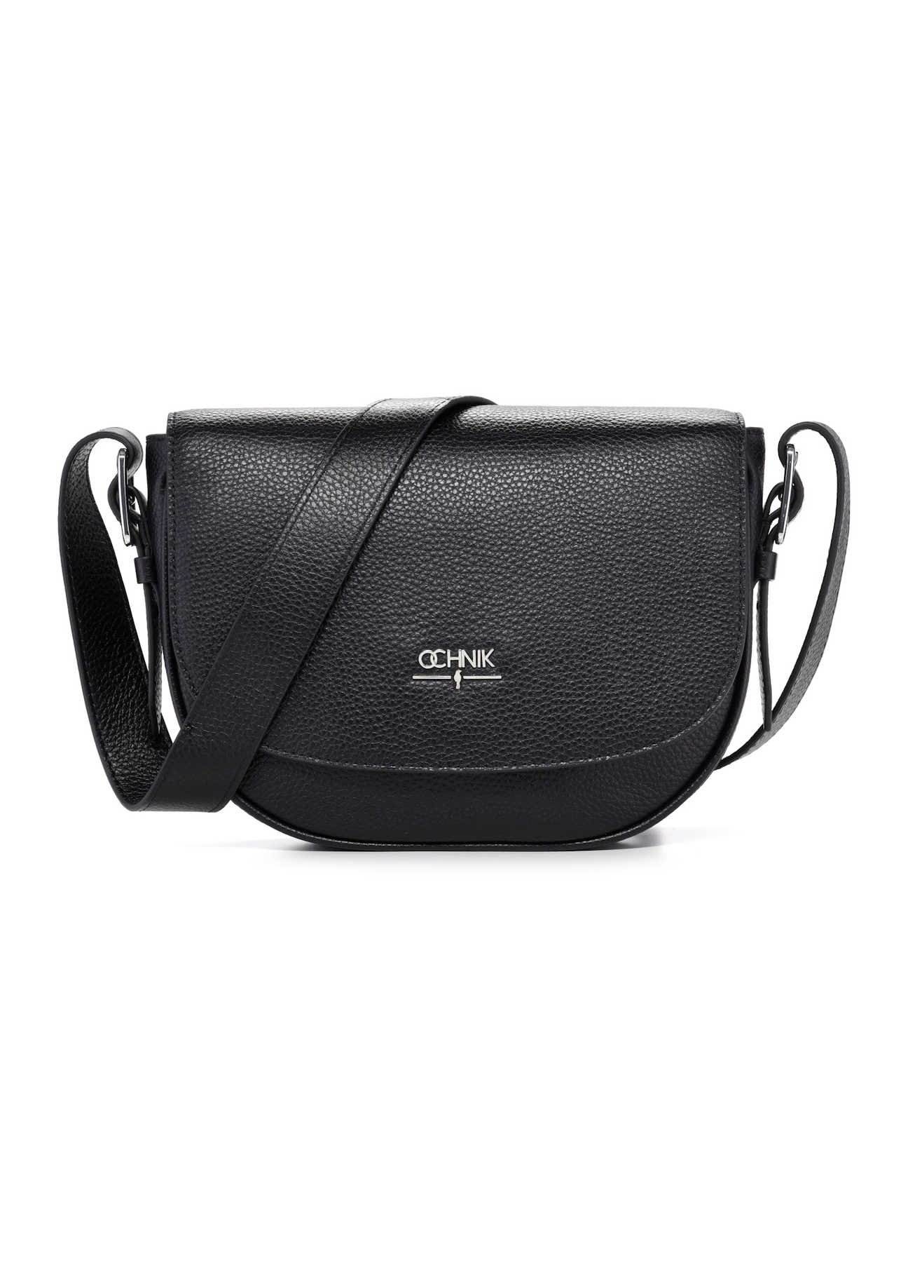 Чорна шкіряна жіноча сумка через плече TORES-1218-9I(W26), вигляд виробу спереду на білому тлі.