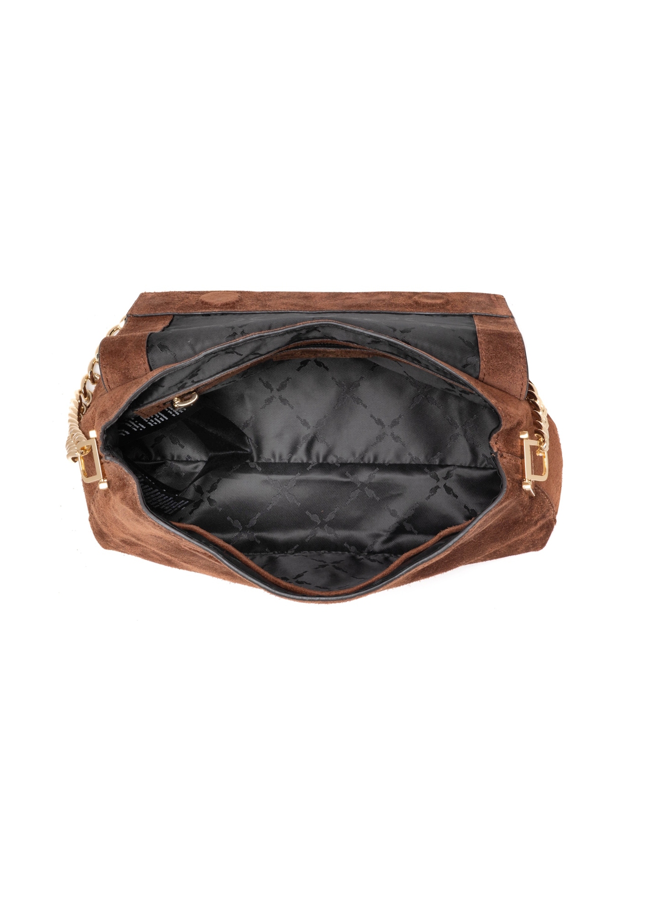 Маленька жіноча сумочка TORES-1170-1F(W26) із коньячної замші, вигляд виробу всередині на білому тлі.