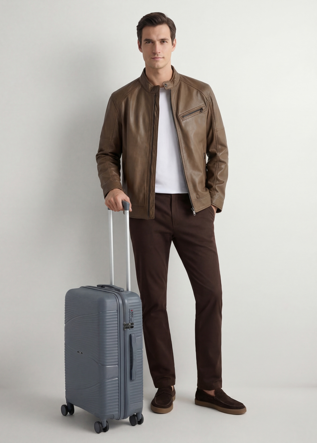 Маленька валіза на колесах WALPP-0021-9B-19(W26), діагональний вигляд виробу поруч із силуетом моделі.