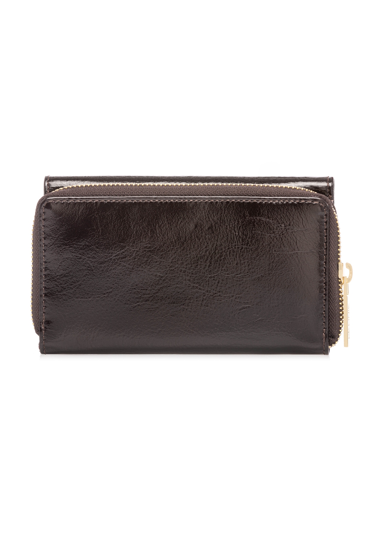 Жіночий гаманець темно-коричневого кольору зі шкіри PORES-0987-1I(W26), вигляд виробу ззаду на білому фоні.