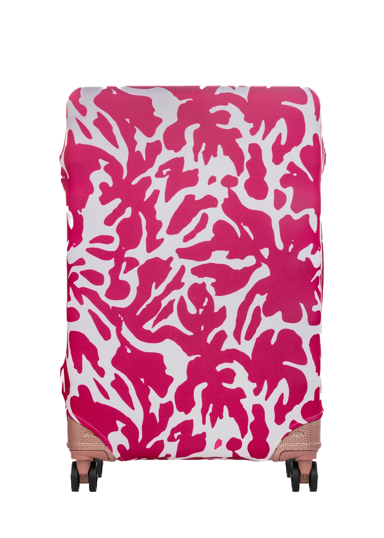 Рожевий чохол для великої валізи AW-013-0007-5P-L(W26), вигляд виробу спереду на валізі.