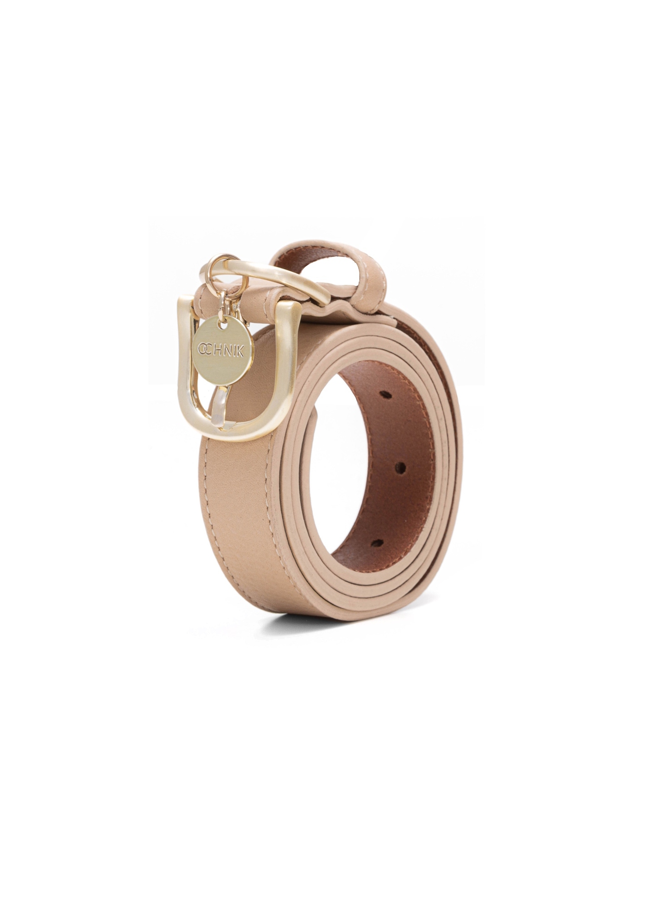 Бежевий жіночий шкіряний ремінь PASDS-0275-81(Z25), діагональний вигляд виробу на білому тлі.