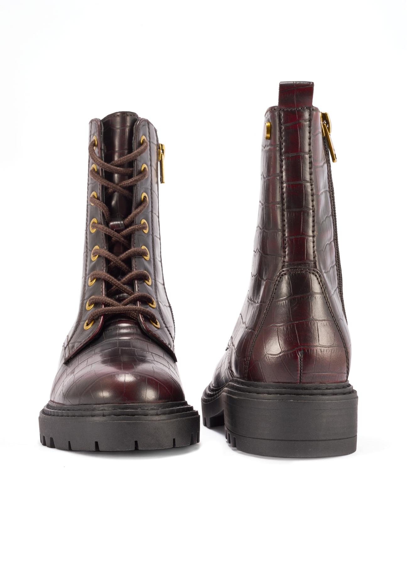 Бордові жіночі чоботи з крокоподібної шкіри BUTYD-1192-90(Z25), вигляд виробу спереду та ззаду на білому тлі.
