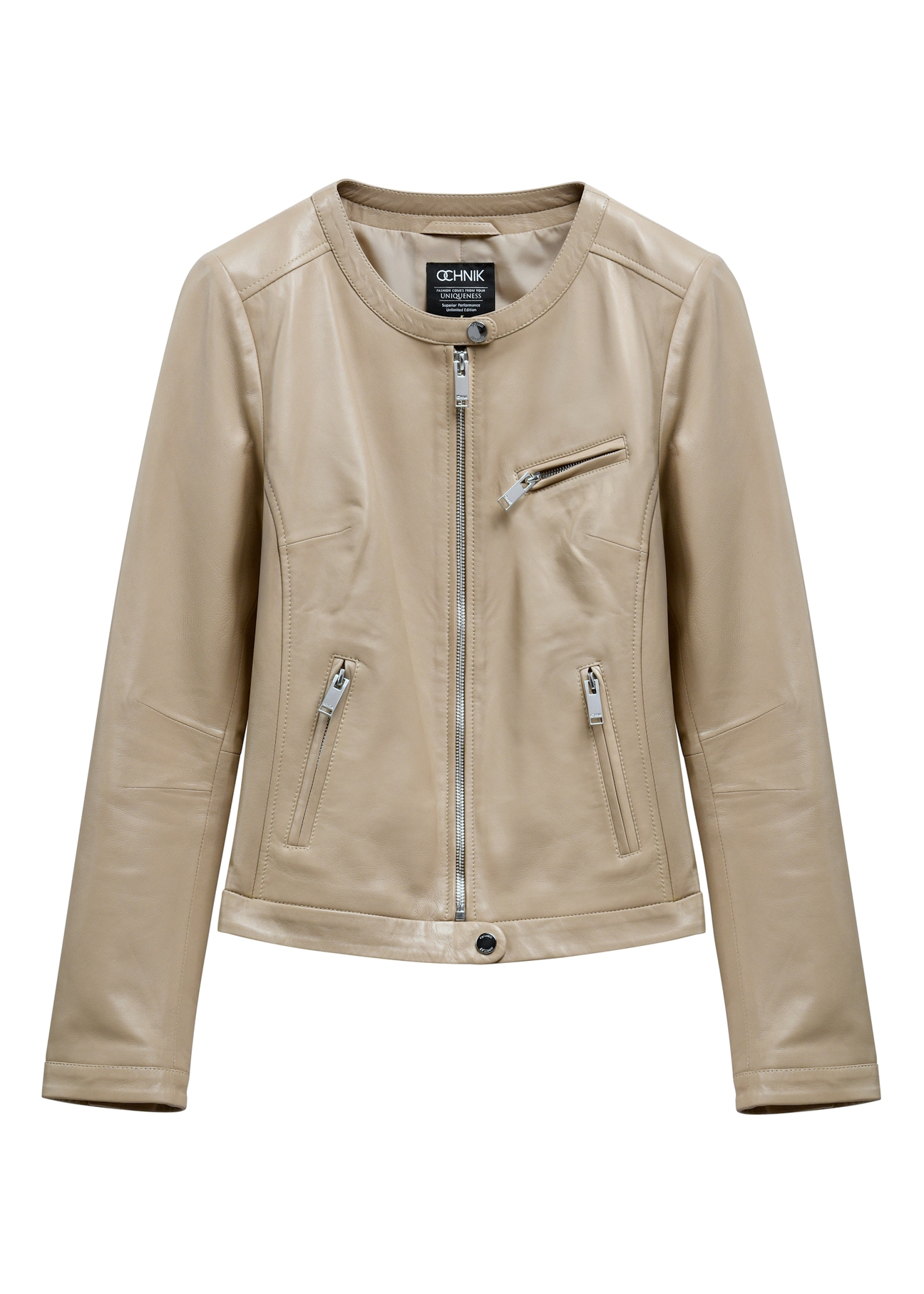 Beżowa kurtka damska ze skóry naturalnej KURDS-0154-1B(W26)