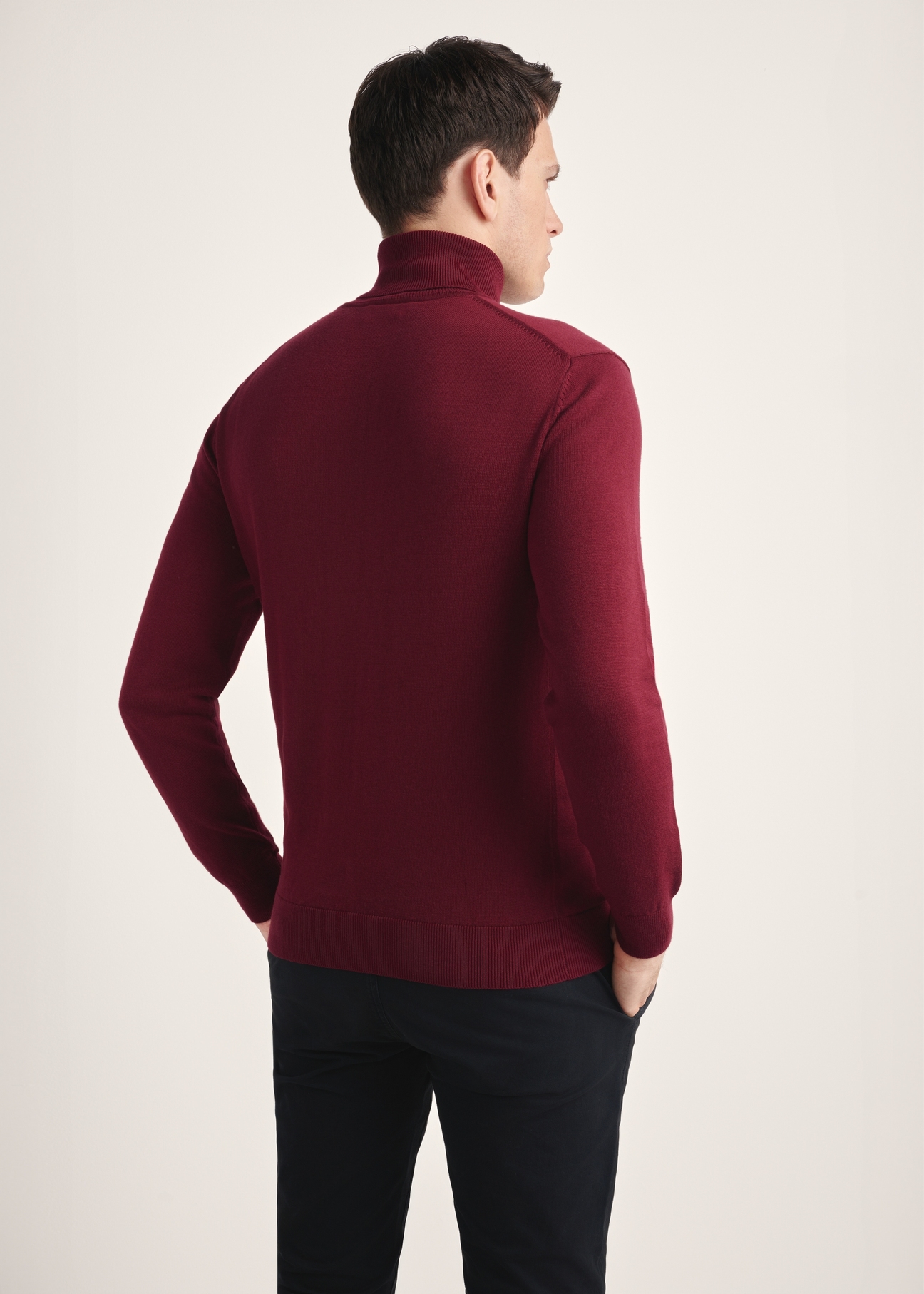 Бордовий чоловічий светр з високим коміром SWEMT-0095B-49(Z25), вигляд виробу зі спини на моделі. Видно половину силуету.