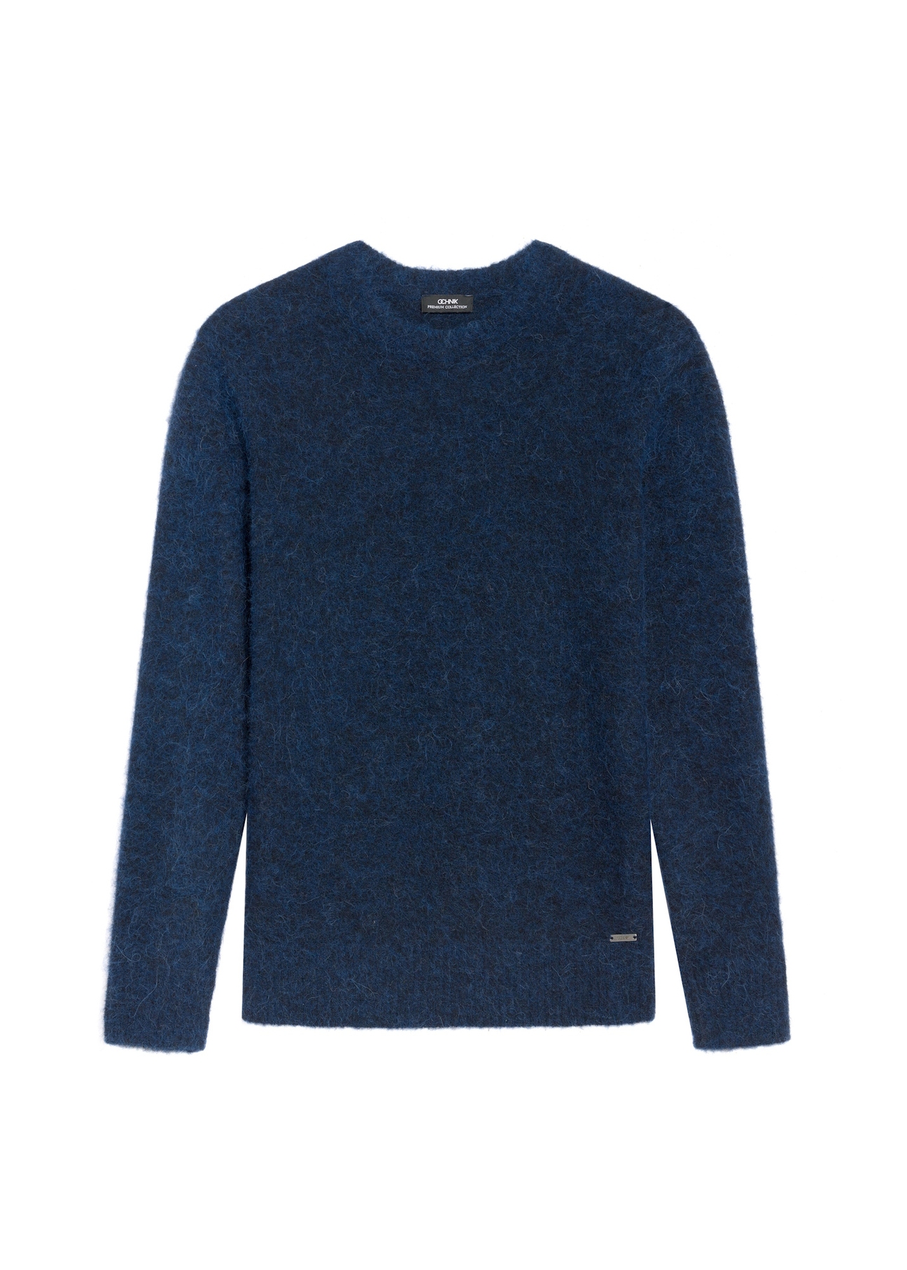 Темно-синій чоловічий вовняний светр SWEMT-0171-68(Z25), вигляд виробу спереду на білому тлі.