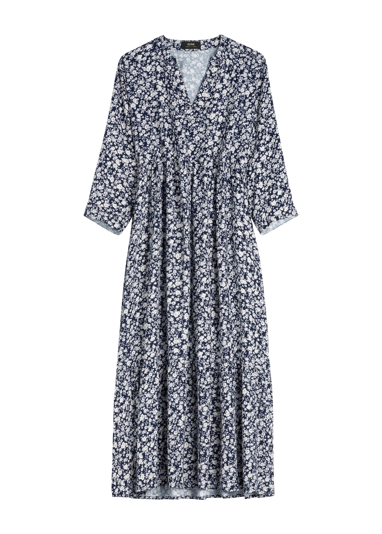 Темно-синя сукня з віскози з квітковим принтом SUKDT-0268-7P(W26), вигляд виробу спереду на білому тлі.