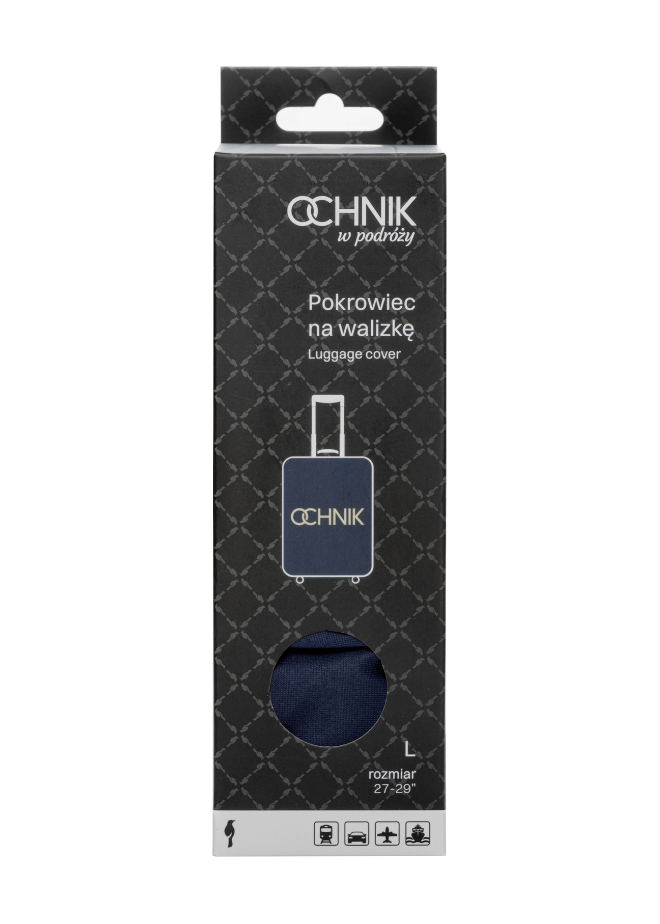 Темно-синій чохол для великої валізи AW-013-0002-7D-L(W26), вигляд виробу спереду в упаковці.
