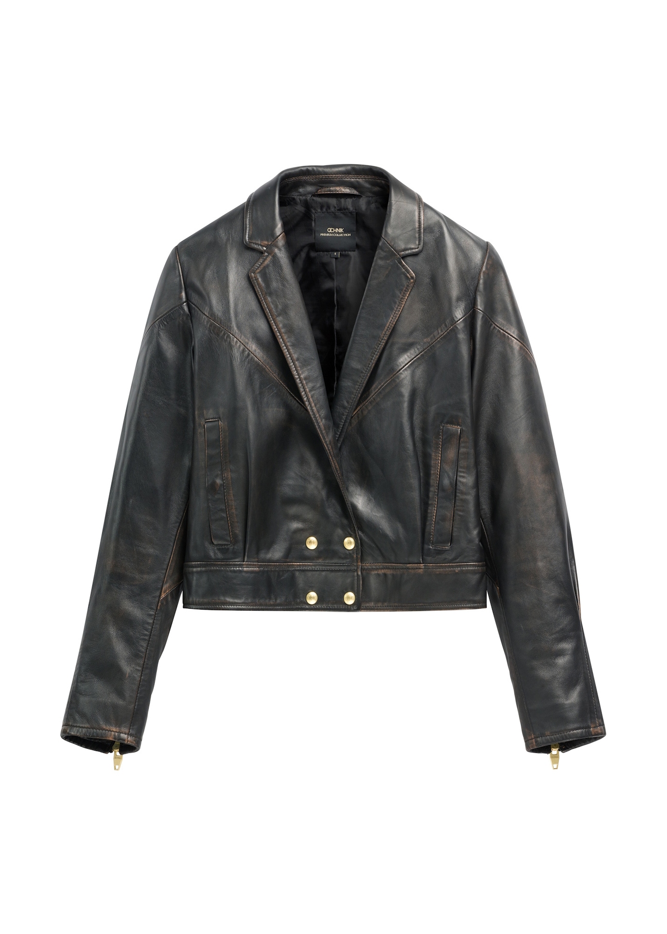 Вінтажна жіноча коротка шкіряна куртка KURDS-0573-9J(W26), вигляд виробу спереду на білому тлі.