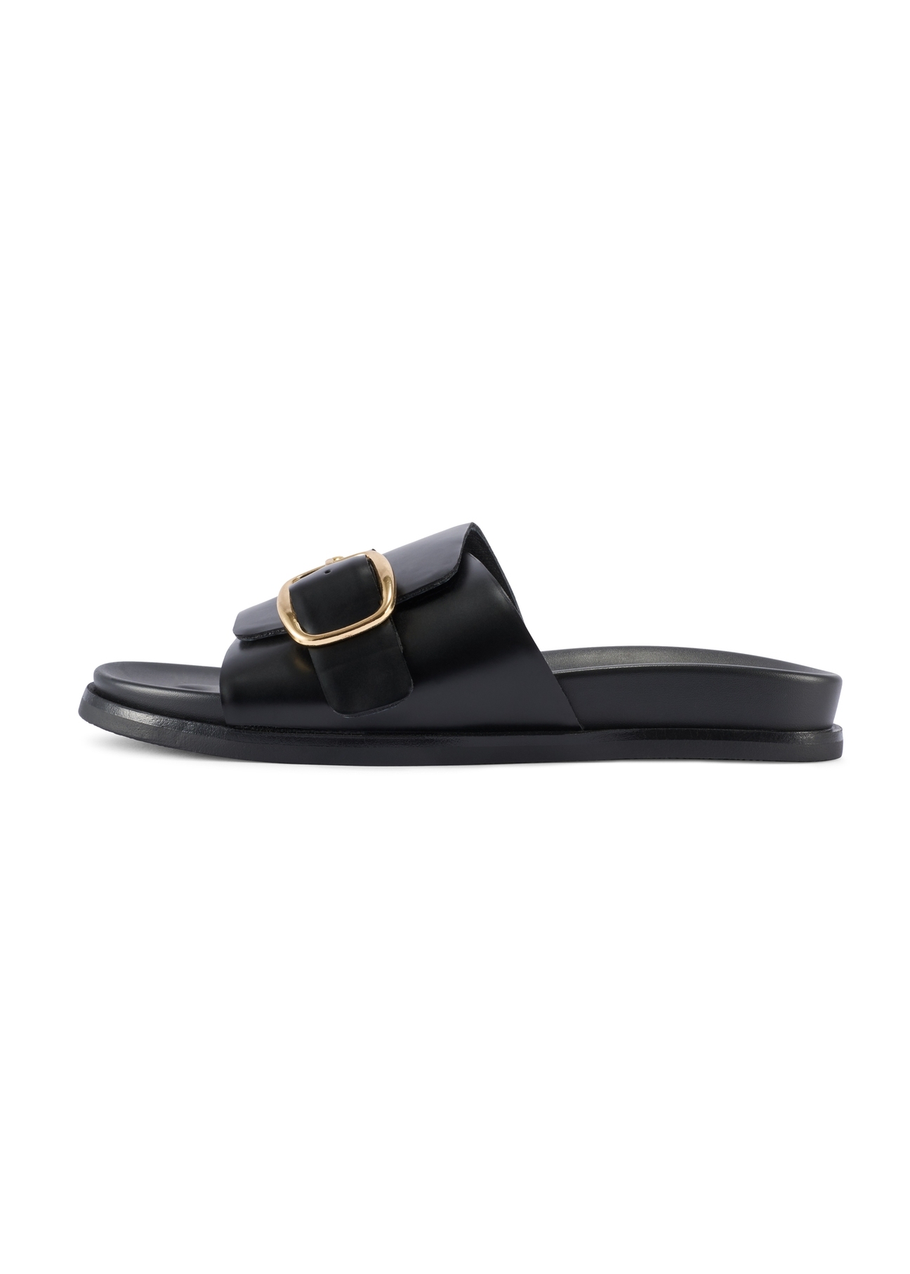 Жіночі чорні шкіряні мюлі BUTYD-1269-99(W26), вигляд виробу збоку на білому фоні.