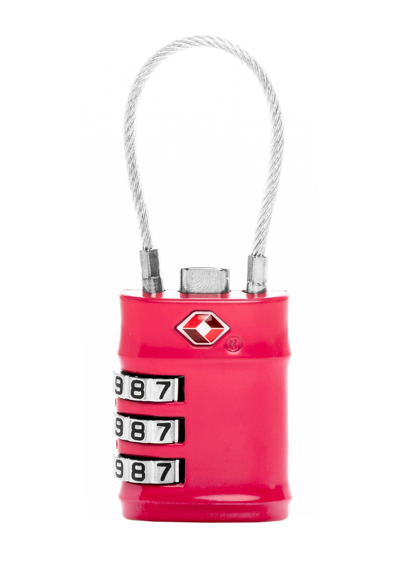 Комбінований навісний замок TSA кольору фуксії AW-015-0007-5E(W26), вигляд виробу ззаду на білому тлі.