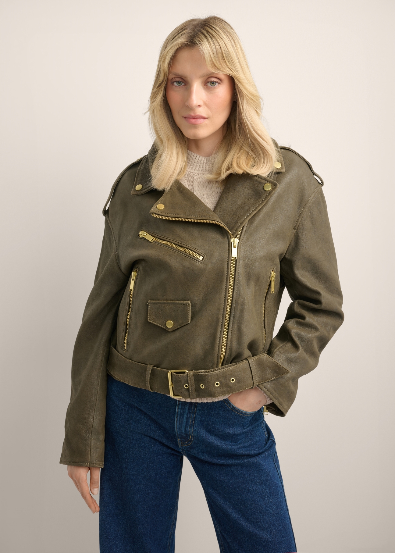Skórzana kurtka damska khaki KURDS-0650-8D(Z26)
