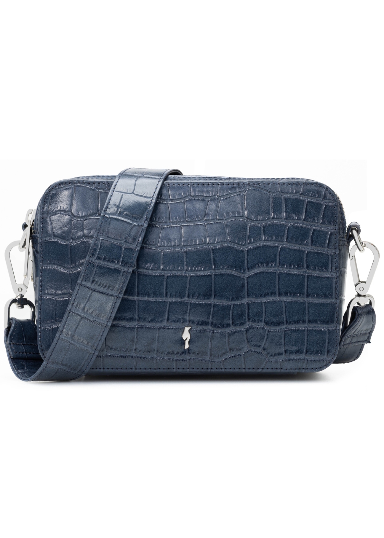 Маленька темно-синя шкіряна сумочка під крокодила TORES-1231-7D(W26), вигляд виробу спереду на білому тлі.