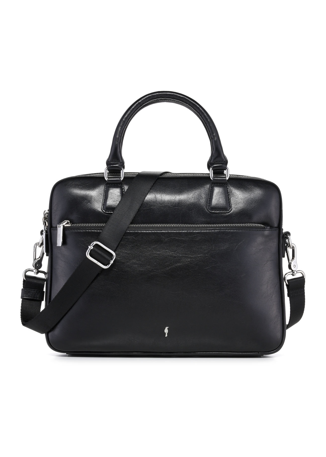 Чорна шкіряна сумка для ноутбука TORES-1227-99(W26), вигляд виробу спереду на білому тлі.