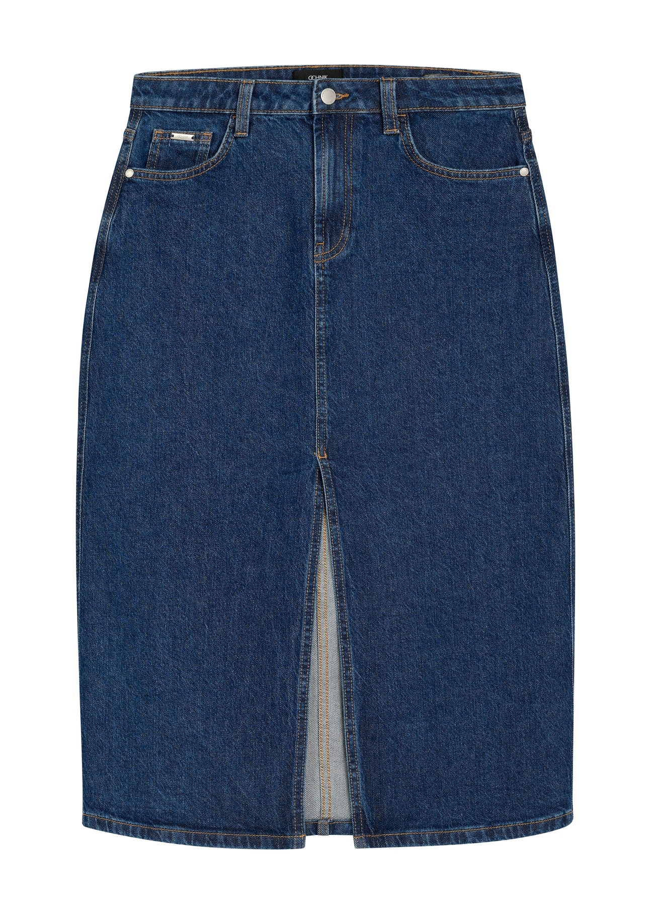 Джинсова спідниця міді SPCDT-0119-7H(W26), вигляд виробу спереду на білому тлі.