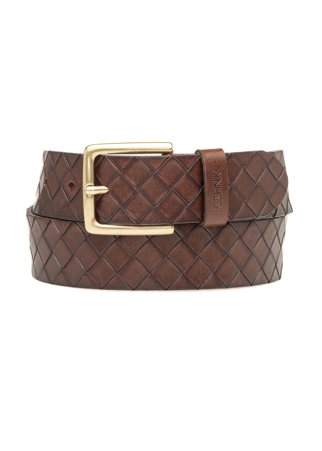 Чоловічий шкіряний ремінь коричневого кольору PASMS-0278-1I(W26), вигляд виробу спереду на білому тлі.