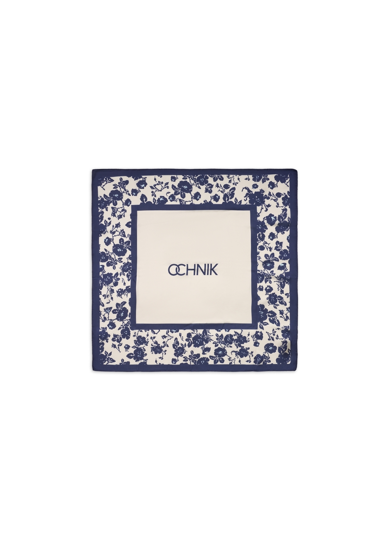 Синій жіночий шарф з квітковим принтом SZADT-0190-7P(W26), вигляд виробу спереду на білому тлі.