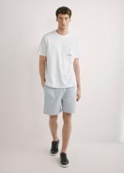 Чоловіча біла футболка з принтом TSHMT-0145-0A(W26), вигляд виробу спереду на моделі. Видно все тіло.