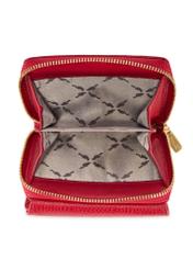 Маленький червоний шкіряний жіночий гаманець PORES-0802R-4B(W26), вигляд товару всередині на білому тлі.