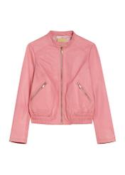 Рожева жіноча шкіряна куртка KURDS-0575-5B(W26), вигляд виробу спереду на білому тлі.