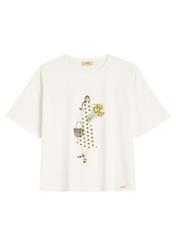 Кремова жіноча футболка з принтом TSHDT-0161-0B(W26), вигляд виробу спереду на білому фоні.