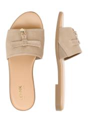 Жіночі замшеві шльопанці холодного бежевого кольору BUTYD-1255-1K(W26), вигляд виробу зверху на білому фоні.