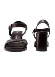 Темно-коричневі шкіряні босоніжки на блочному каблуці BUTYD-1232-1I(W26), вигляд виробу спереду та ззаду на білому тлі.