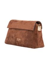 Маленька жіноча сумочка TORES-1170-1F(W26) із коньячної замші, діагональний вигляд виробу на білому тлі.