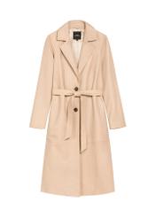 Бежеве жіноче шкіряне пальто KURDS-0613-1B(W26), вигляд виробу спереду на білому фоні.