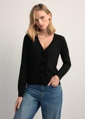 Чорний жіночий кардиган KARDT-0061-99(W26), вигляд виробу спереду на моделі. Видно половину силуету.
