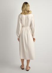 Світло-бежева жіноча сукня міді SUKDT-0269-1A(W26), вигляд виробу ззаду на моделі. Видно половину силуету.