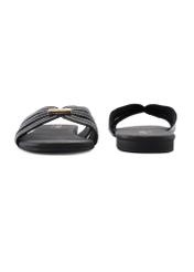 Чорні жіночі шльопанці з прострочкою BUTYD-1223-99(W26), вигляд виробу спереду та ззаду на білому фоні.