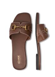 Жіночі шкіряні шльопанці кольору верблюжої шкіри BUTYD-1273-1D(W26), вигляд виробу зверху на білому фоні.