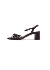 Темно-коричневі шкіряні босоніжки на блочному каблуці BUTYD-1234-1IW26), вигляд виробу збоку на білому фоні.