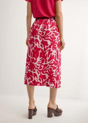 Рожева спідниця міді з віскози SPCDT-0129-5P(W26), вигляд виробу ззаду на моделі. Видно половину силуету.