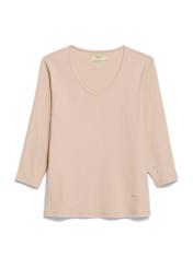 Бежева жіноча блузка з V-подібним вирізом LSLDT-0036-82(Z25), вигляд виробу спереду на білому тлі.