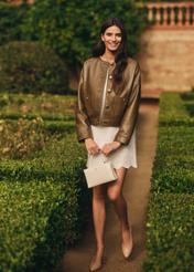 Коротка шкіряна жіноча куртка кольору хакі KURDS-0590-8D(W26)