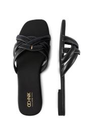 Жіночі чорні шкіряні шльопанці з тасьмою BUTYD-1222-99(W26), вигляд виробу зверху на білому тлі.