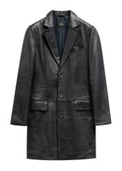 Чоловіче чорне шкіряне пальто KURMS-0388-99(W26), вигляд виробу спереду на білому тлі.