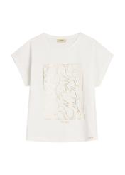 Кремова жіноча футболка із золотим принтом TSHDT-0162-0B(W26), вигляд виробу спереду на білому тлі.