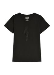 Чорна жіноча футболка з логотипом TSHDT-0157-99(W26), вигляд виробу спереду на білому тлі.