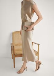 Жіночі золотисті босоніжки на високих підборах BUTYD-1233-2X(W26), вигляд виробу збоку на ногах моделі.