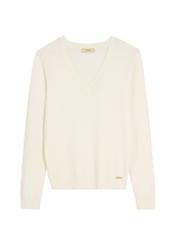 Кремовий светр з V-подібним вирізом SWEDT-0201-0B(W26), вигляд виробу спереду на білому тлі.